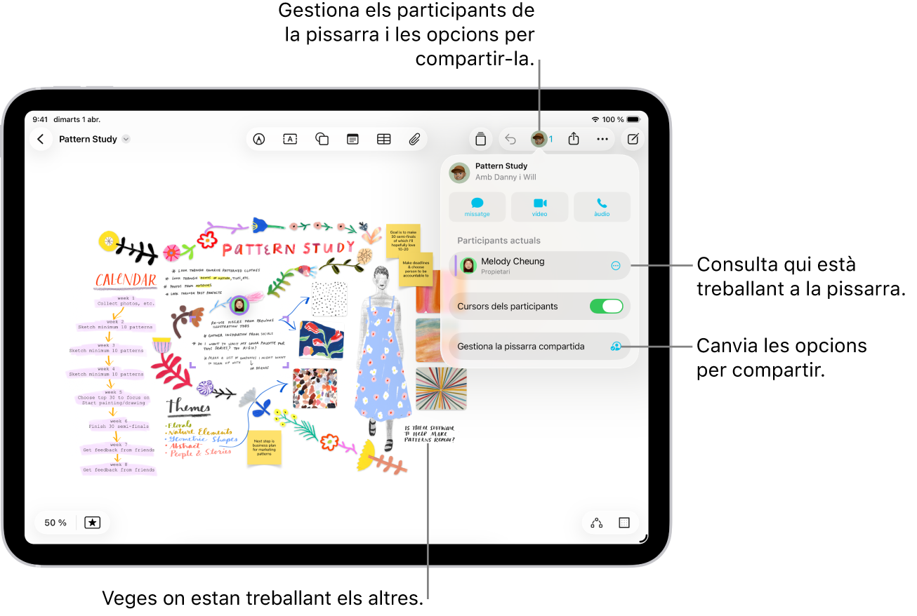 Una pissarra compartida de l’app Freeform de l’iPad amb el menú de col·laboració obert i la ubicació dels altres participants a la pissarra marcada amb marques de color.