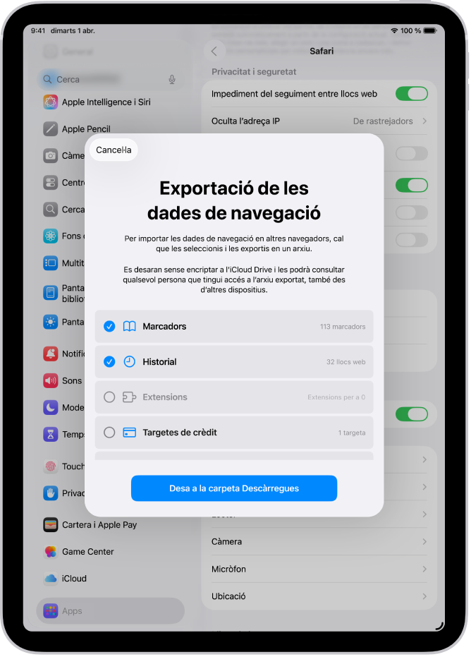 La pantalla d’exportació de les dades de navegació, en què es mostren les dades que es poden exportar del Safari a un altre navegador.