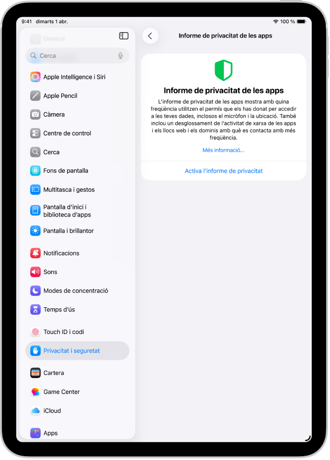La pantalla de l’informe de privacitat e les apps, on pots activar un informe per veure amb quina freqüència fan servir les apps els permisos que els has concedit i quina activitat de xarxa tenen.