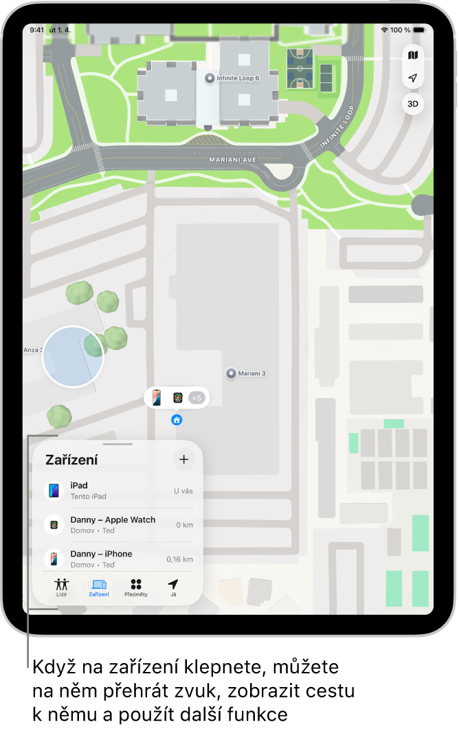 Obrazovka Najít s otevřeným seznamem Zařízení. Na seznamu zařízení je vidět Dannyho iPad, Dannyho iPhone, Dannyho Apple Watch a Dannyho AirPody Pro. Na mapě Santa Cruz je vidět jejich poloha.