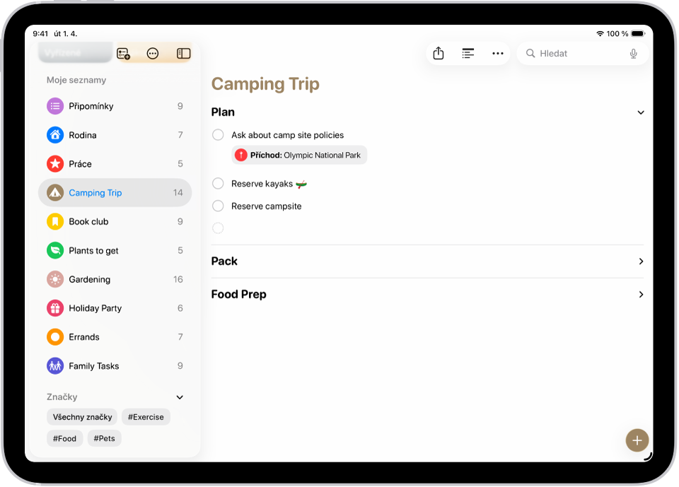 Aplikace Připomínky se seznamem, v němž je jeden oddíl rozbalený a ostatní sbalené