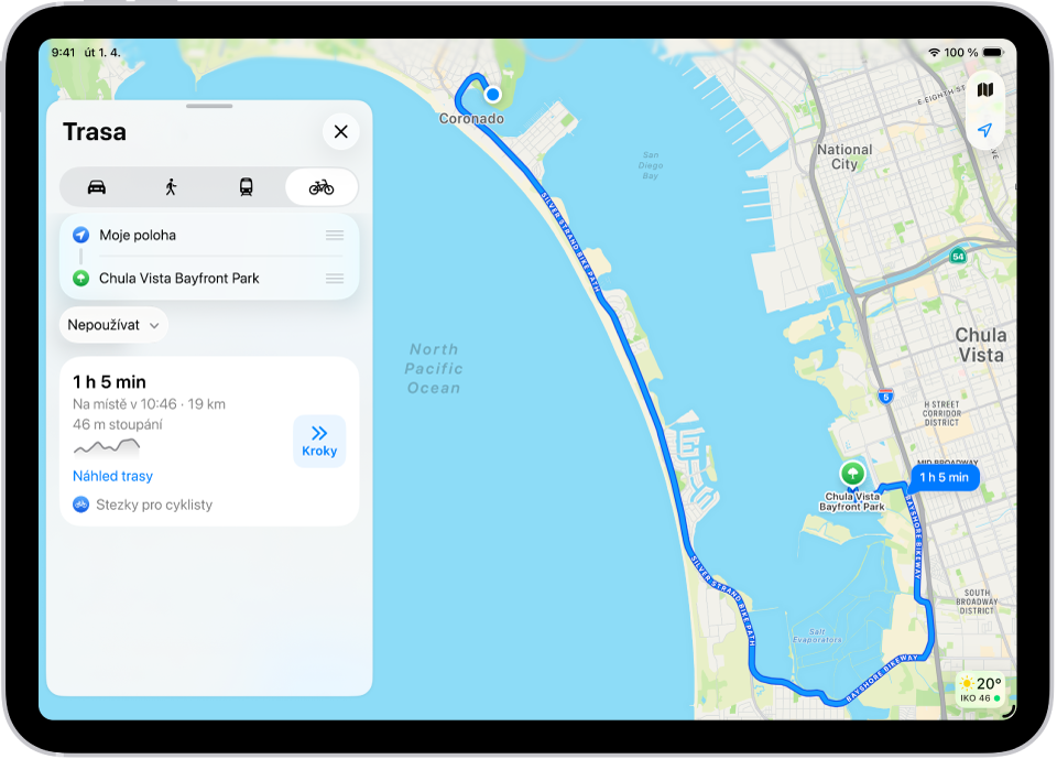 Mapa s několika cyklistickými trasami; u každé z nich se zobrazuje tlačítko Kroky