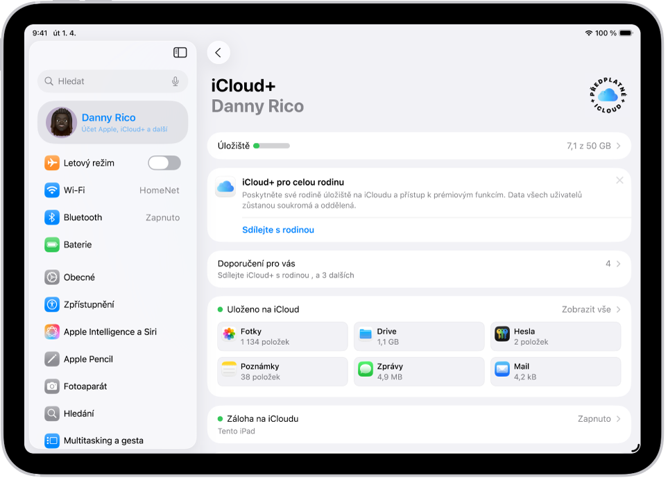 Obrazovka nastavení iCloudu s indikátorem stavu úložiště a seznamem funkcí, které lze s iCloudem používat, např. Fotky, iCloud Drive nebo Záloha na iCloudu