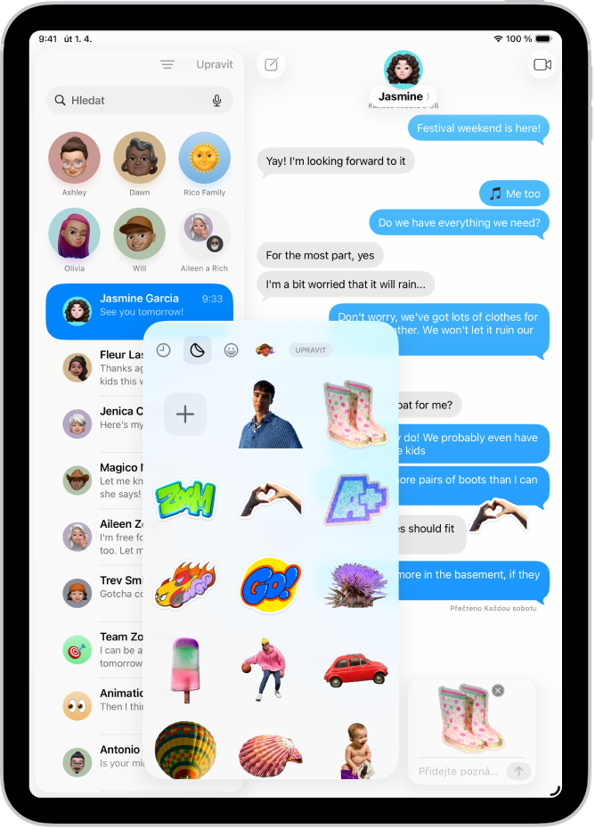 Nedávno použité nálepky v aplikaci Zprávy. Tlačítky u horního okraje karty lze otevřít sadu nálepek.