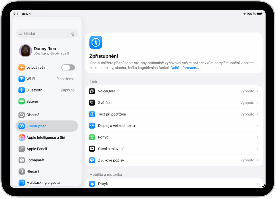 Obrazovka Nastavení s volbami zpřístupnění, například VoiceOver, Zvukové popisy a Switch Control