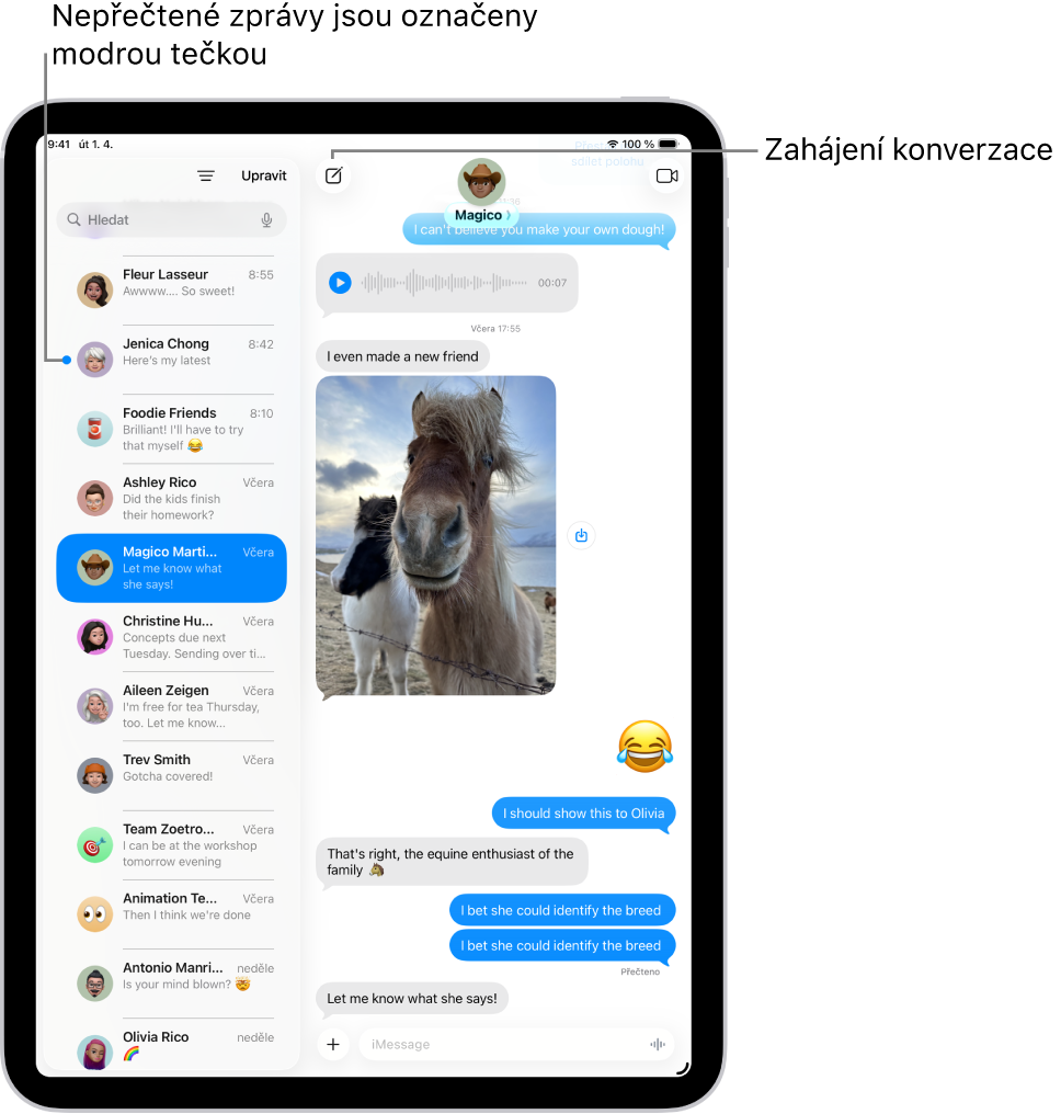 Vlevo seznam konverzací v aplikaci Zprávy, vpravo přepis konverzace. Nepřečtené zprávy jsou označené modrým kolečkem.