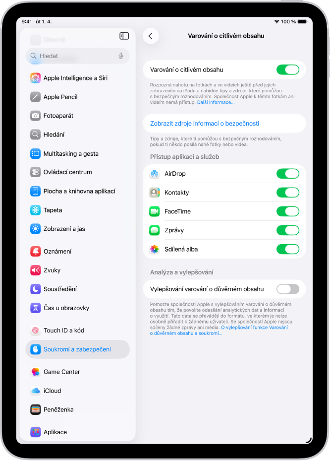 Nastavení varování o citlivém obsahu s tlačítky „Zobrazit zdroje informací o bezpečnosti“ a „Vylepšování varování o citlivém obsahu“, které slouží ke sdílení analytických dat a informací o využití se společností Apple