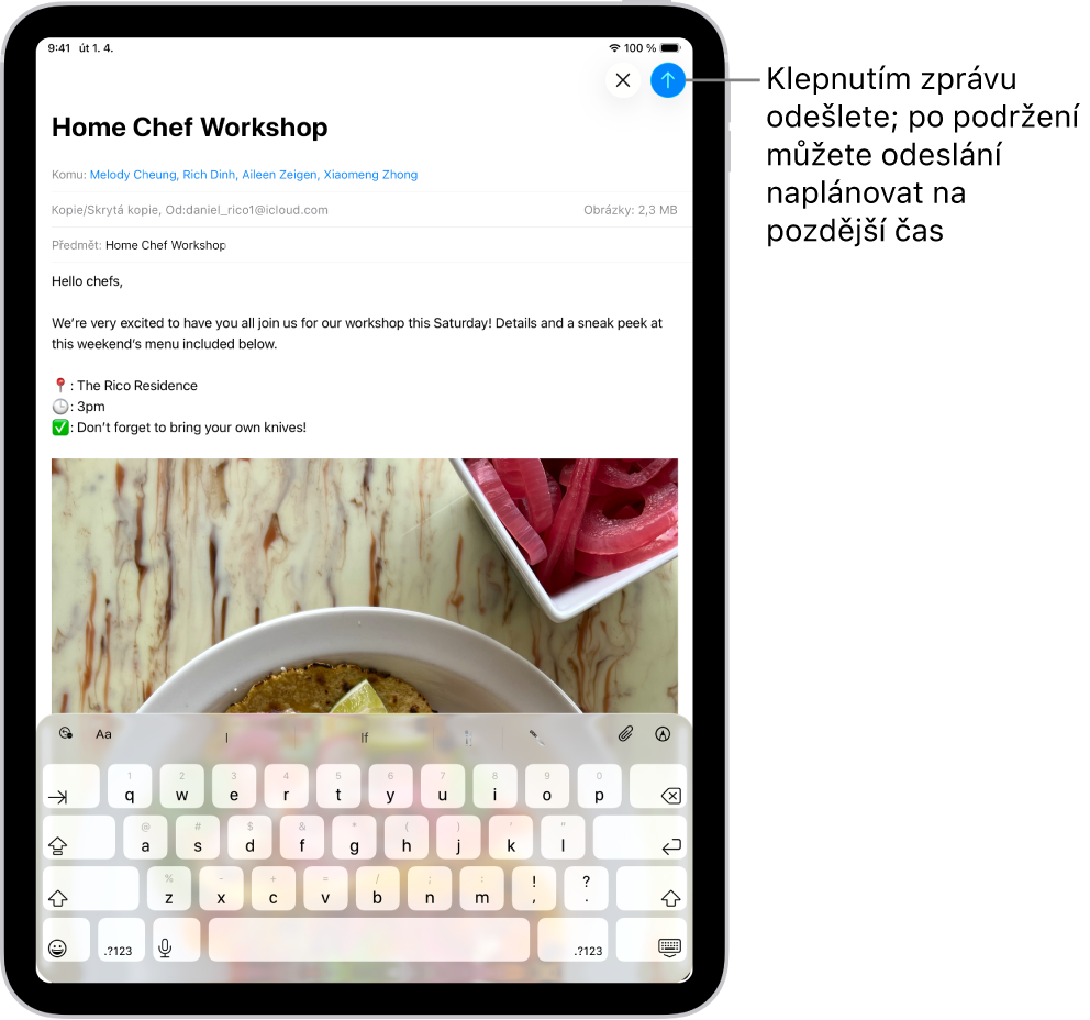 V aplikaci Mail je otevřený koncept e‑mailu. V pravém horním rohu je vidět tlačítko pro odeslání zprávy. Klepnutím na něj zprávu odešlete; když ho podržíte, můžete odeslání naplánovat na později.