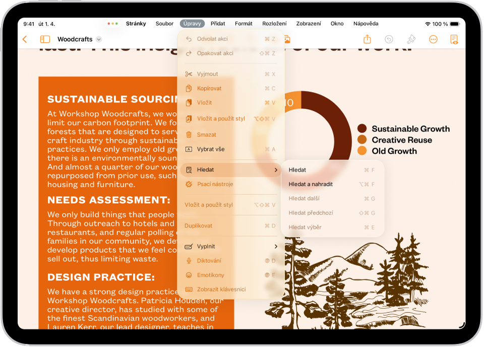 Otevřená aplikace Pages s řádkem nabídek u horního okraje obrazovky. V řádku nabídek je otevřená nabídka Úpravy se seznamem akcí, které můžete provést: Vybrat vše, Hledat, Duplikovat apod.