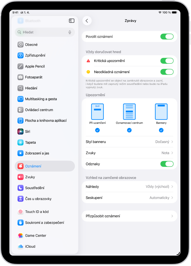 Volby oznámení o zprávách v aplikaci Nastavení