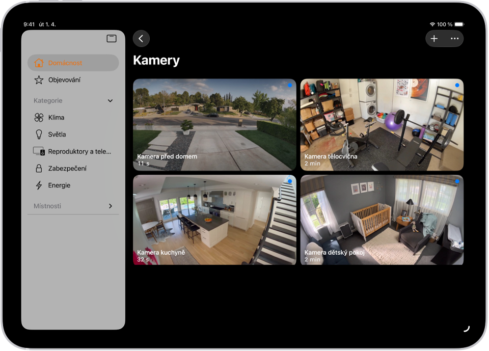 Aplikace Domácnost s bočním panelem vlevo. Na panelu je zvýrazněna položka Domácnost. Vpravo je vidět pohled z pěti bezpečnostních kamer.