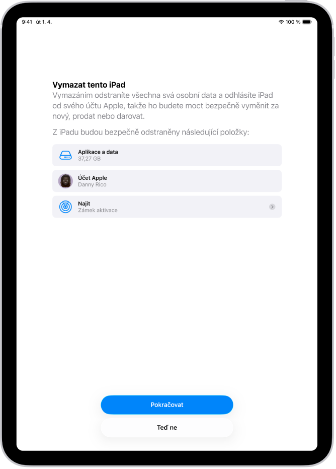 Obrazovka Vymazat tento iPad