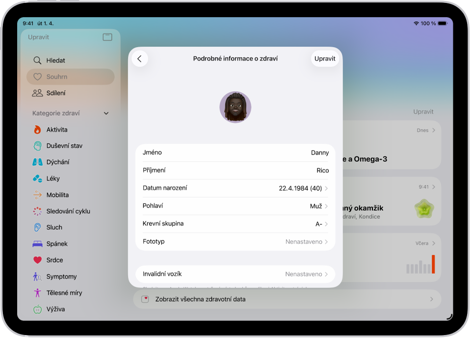 Obrazovka Podrobné informace o zdraví s poli pro jméno, datum narození, krevní skupinu a další informace