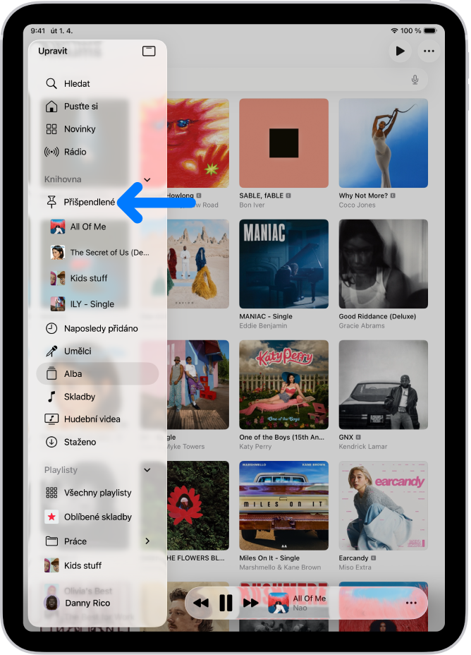 Boční panel vlevo se šipkou ukazující na přišpendlené položky – například skladbu, album a playlist; alba se zobrazují vpravo. Dole je vidět minipřehrávač.