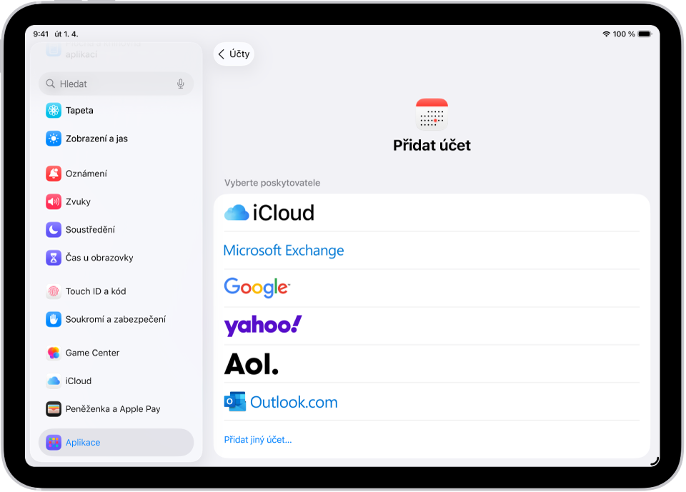 Stránka nastavení pro přidání kalendářového účtu s různými poskytovateli kalendářových služeb