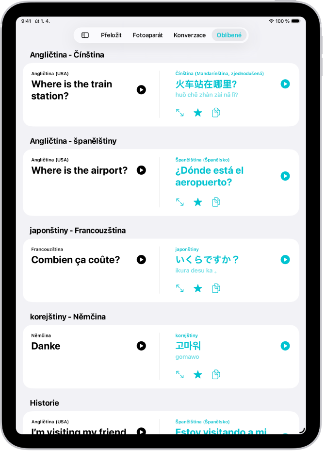 Panel Oblíbené s uloženými frázemi přeloženými do různých jazyků