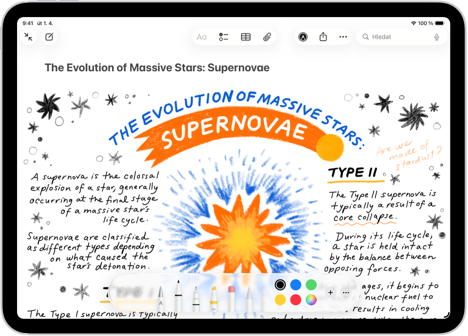 Poznámka s kresbou a anotačními nástroji rozloženými podél dolního okraje obrazovky