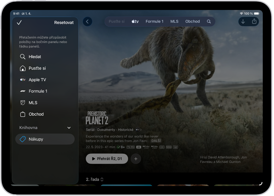 iPad s volbami pro úpravy řádku panelů u horního okraje displeje