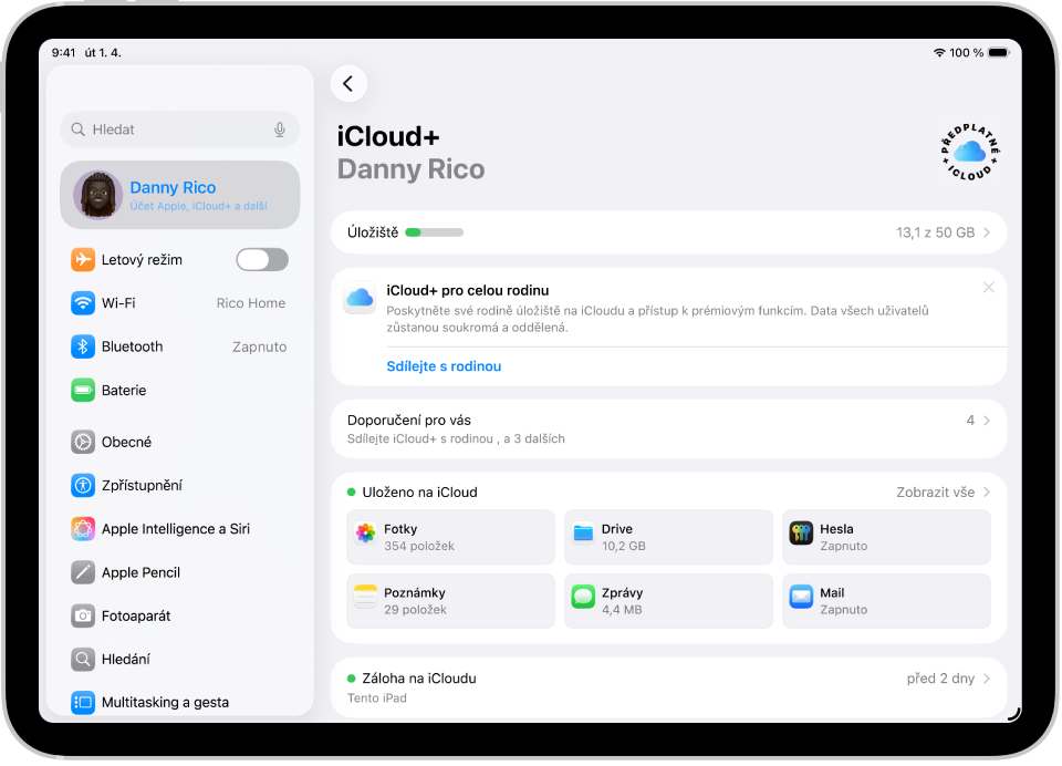 Obrazovka nastavení iCloudu s indikátorem stavu úložiště na iCloudu a seznamem aplikací a funkcí, které lze s iCloudem používat, např. Fotky, iCloud Drive a Mail na iCloudu