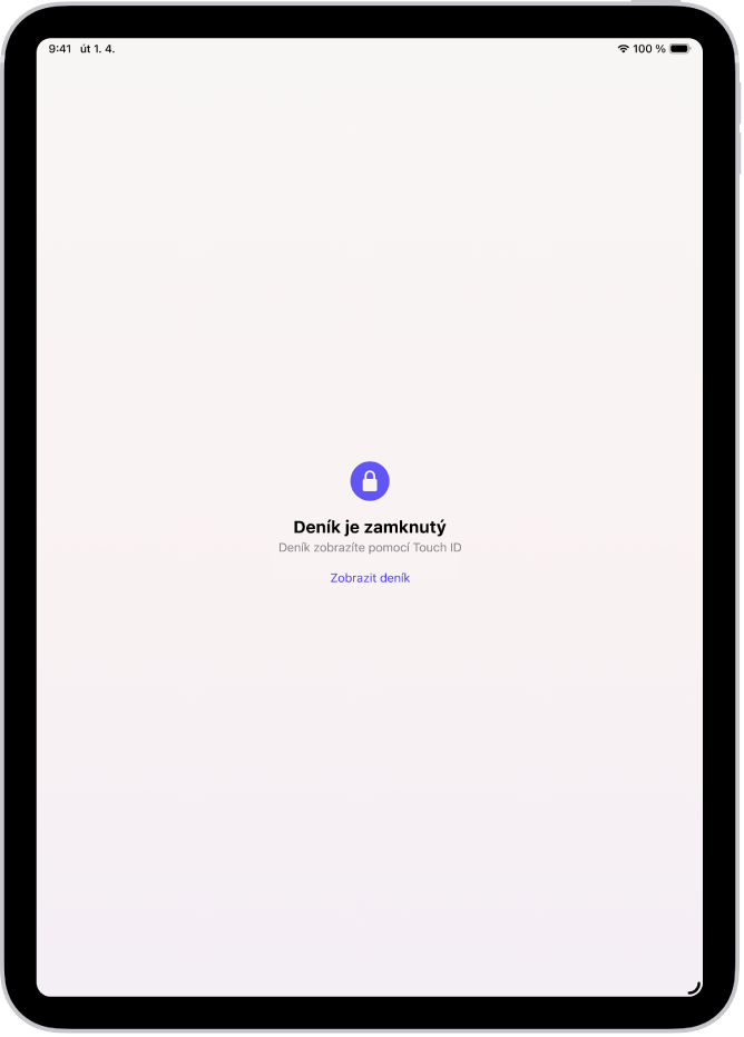 Obrazovka aplikace Deník s výzvou k odemknutí deníku pomocí Touch ID