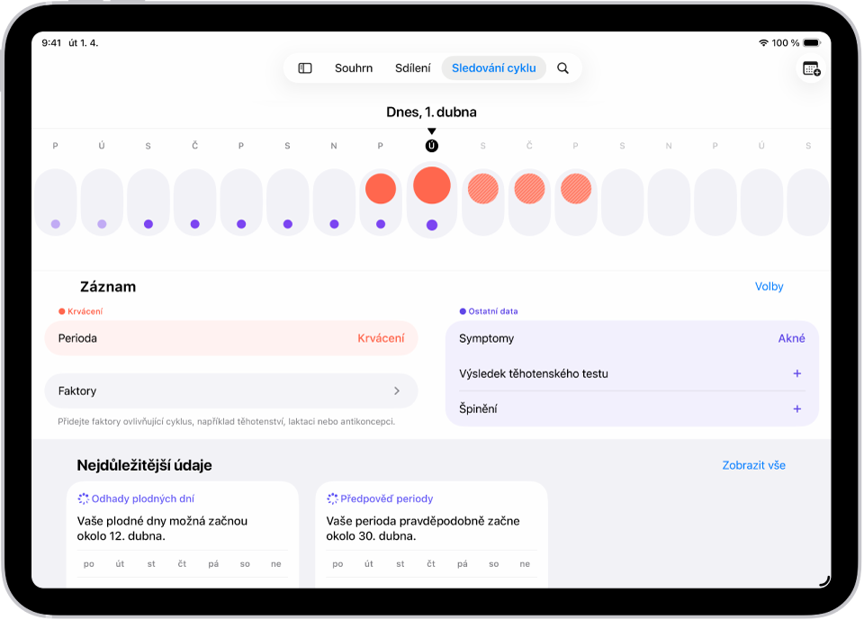 Obrazovka Sledování cyklu s týdenní časovou osou u horního okraje. Prvních 5 dnů je na časové ose označeno plnými červenými kroužky a fialovými tečkami. Pod časovou osou se nacházejí volby pro přidávání informací o periodě, symptomech apod.