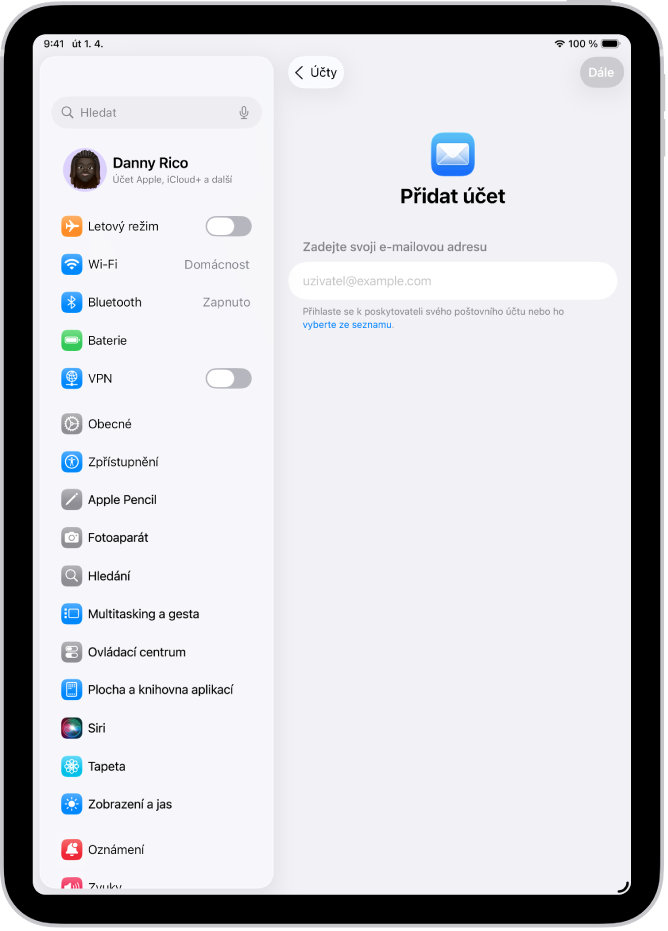 Obrazovka přidání účtu s polem určeným k zadání e‑mailové adresy