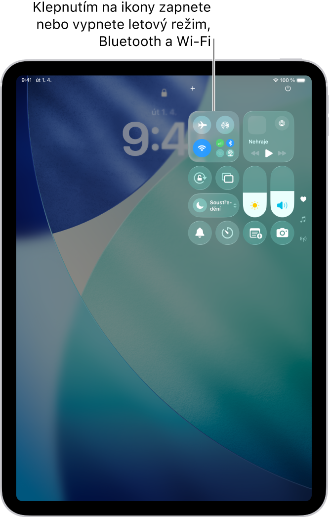 Obrazovka Ovládacího centra, na které je vidět, že Letový režim lze zapnout klepnutím na tlačítko vlevo nahoře