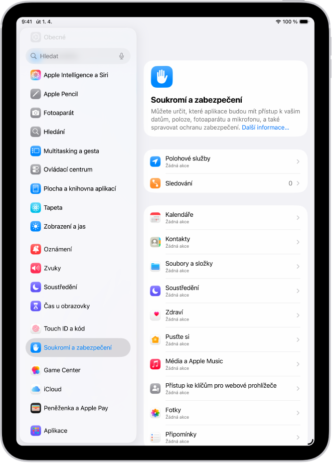Nastavení Polohové služby na panelu Soukromí a zabezpečení s volbami sdílení polohy iPadu včetně vlastního nastavení pro jednotlivé aplikace