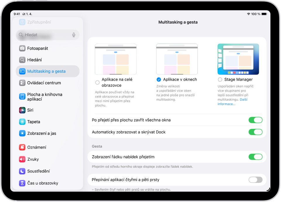 Okno na iPadu s nastavením Multitasking a gesta