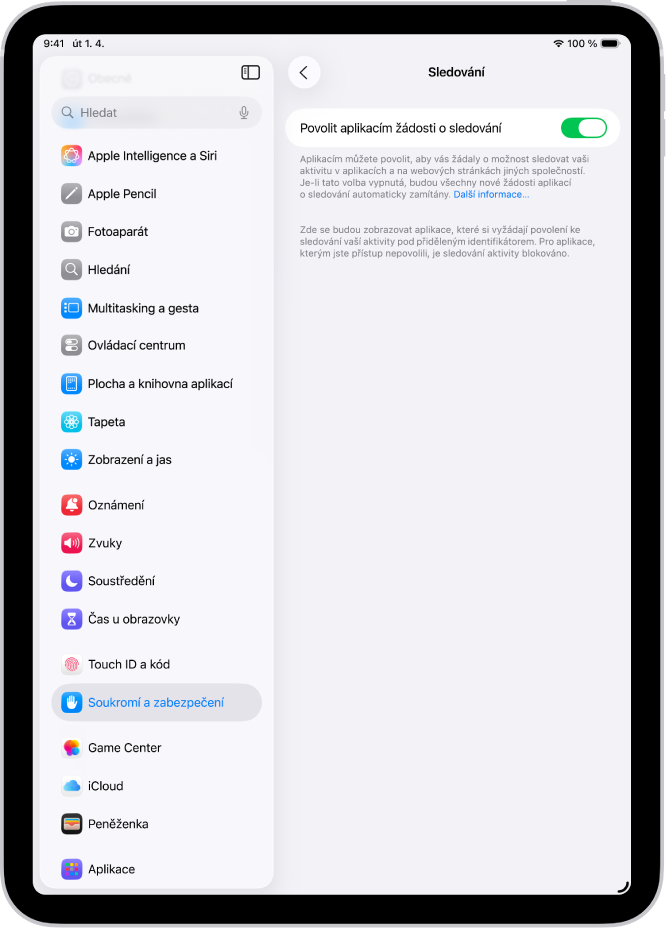 Obrazovka Sledování s volbami, které určují, jestli smí aplikace požádat o možnost sledovat vás na webových stránkách a v aplikacích jiných společností