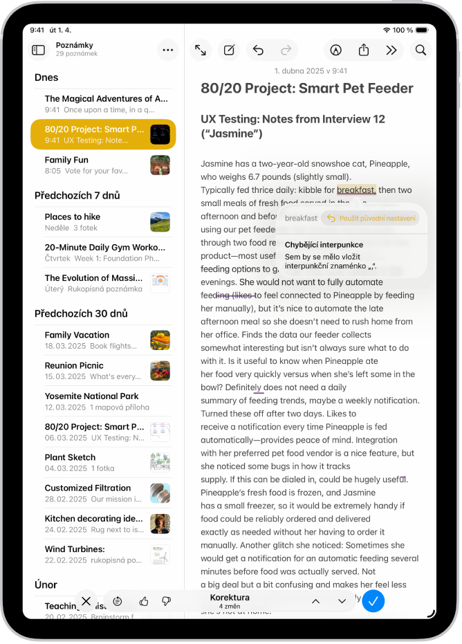 iPad s textem v aplikaci Poznámky, ve kterém právě probíhají opravy gramatických chyb