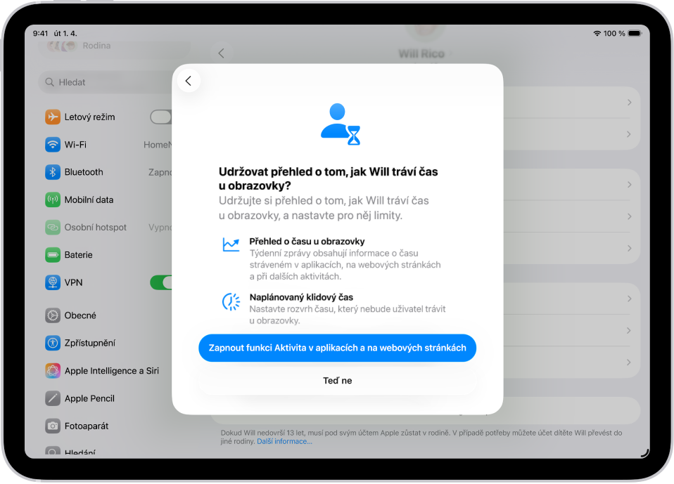 Obrazovka Nastavení s překryvným oknem zobrazujícím nastavení času u obrazovky
