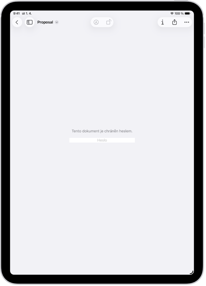 Zamknutý PDF formulář v aplikaci Náhled se zobrazeným polem hesla. U dolního okraje obrazovky jsou vidět tlačítka Anotovat, Informace a Sdílet.