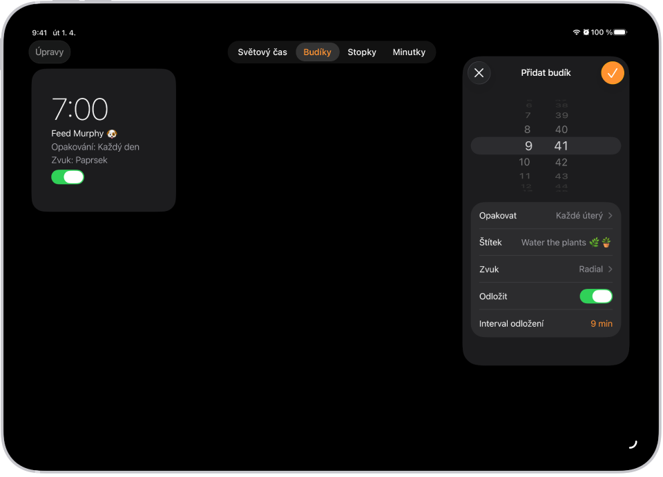 Panel Budíky v aplikaci Hodiny s volbami pro změnu času buzení, nastavení opakování budíku, přidání popisku, výběr zvuku budíku, zapnutí možnosti odložen a změnu intervalu odložení
