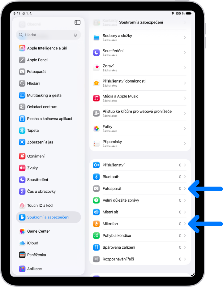 Obrazovka Soukromí a zabezpečení s volbami, které určují, jestli můžou aplikace používat fotoaparát, mikrofon a další součásti iPadu.