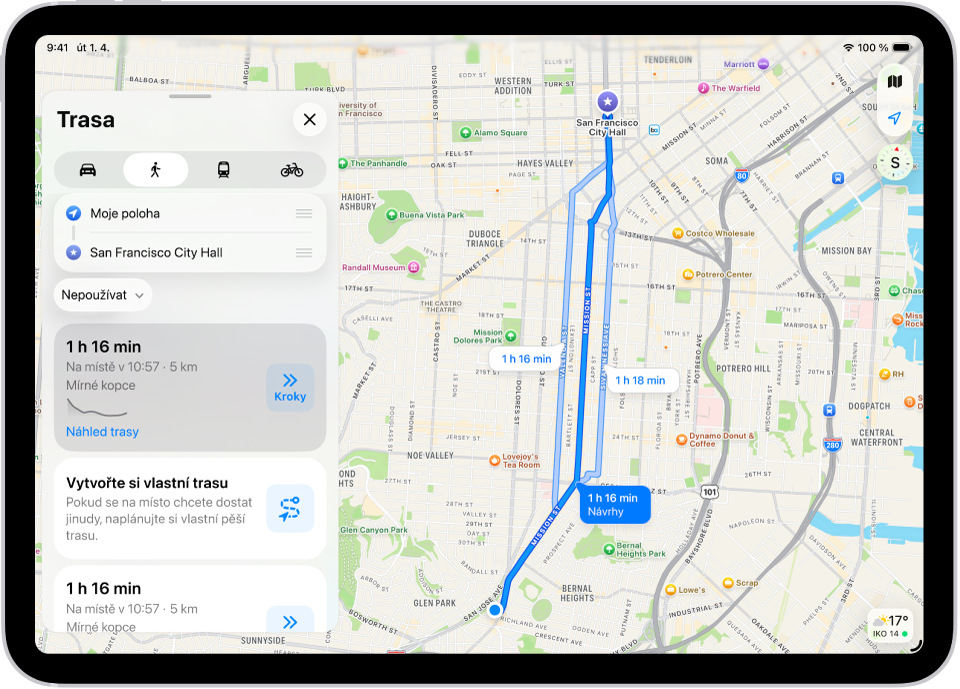 Mapa se dvěma trasami pro pěší; u každé z nich se zobrazuje tlačítko Kroky