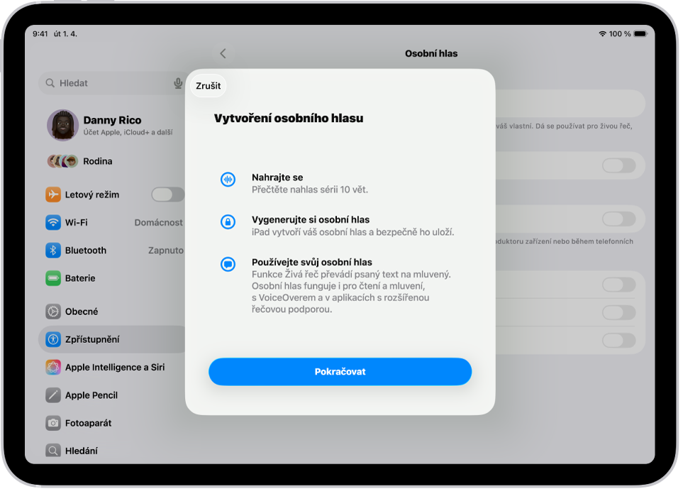 Na iPadu se zobrazují informace o tom, jak si vytvořit osobní hlas