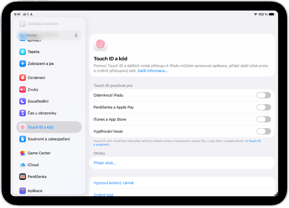 Obrazovka s panelem nastavení Touch ID a heslo, který obsahuje volby pro přidání otisku prstu a zapnutí přístupového kódu