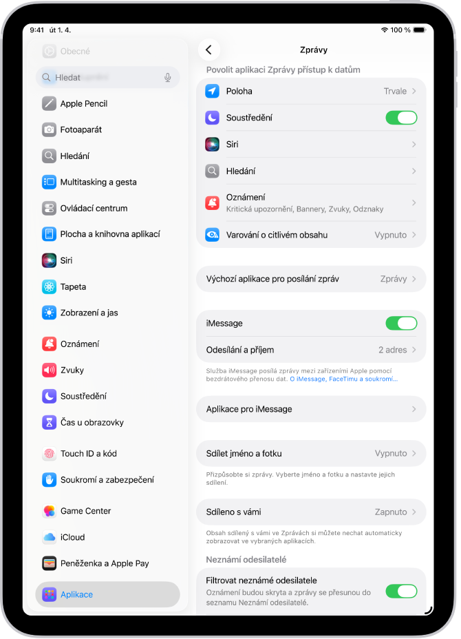 Panel nastavení Zprávy se zapnutou službou iMessage