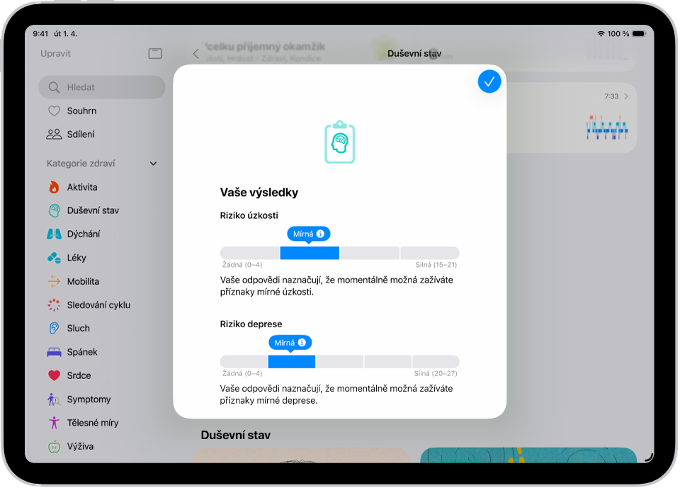 Obrazovka v aplikaci Zdraví s výsledky dotazníku na duševní zdraví.