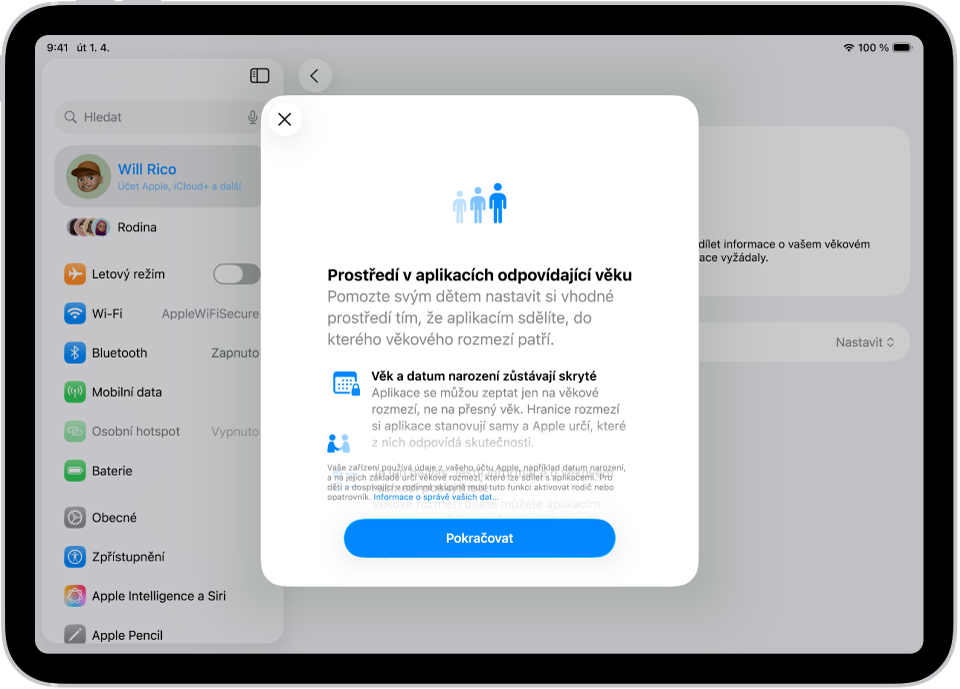 Obrazovka úvodního nastavení funkcí „Prostředí v aplikacích odpovídající věku“