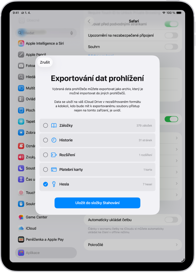 Obrazovka „Exportování dat prohlížení“ s vybranou volbou Hesla pro export do jiného správce hesel