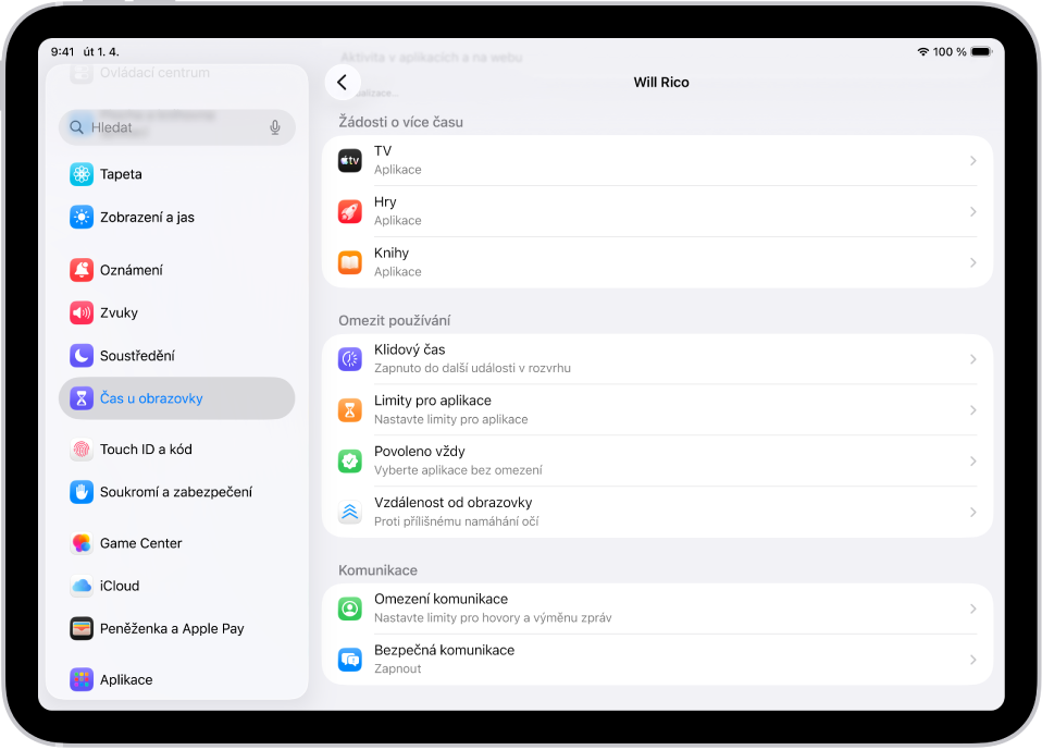 Obrazovka dítěte ve skupině rodinného sdílení se zobrazeným oddílem žádostí o prodloužení času