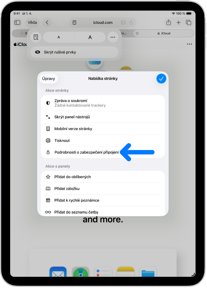 V Safari je otevřená nabídka stránky a v polovině stránky se zobrazuje ovládací prvek Podrobnosti o zabezpečení připojení