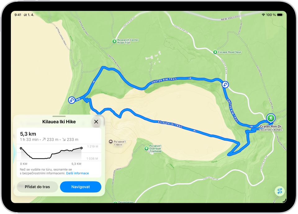 Přehled túry ke stažení se vzdáleností, výškovým profilem, odhadovaným časem a možnostmi uložení nebo získání pokynů k začátku túry.