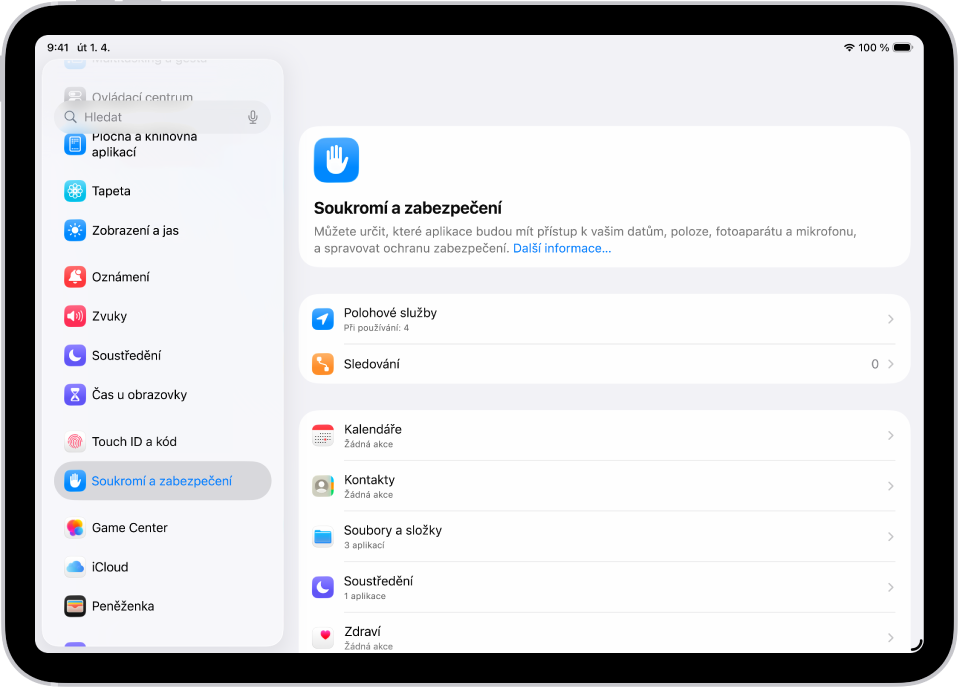 Obrazovka Nastavení s volbami soukromí a zabezpečení, například Polohové služby a Sledování
