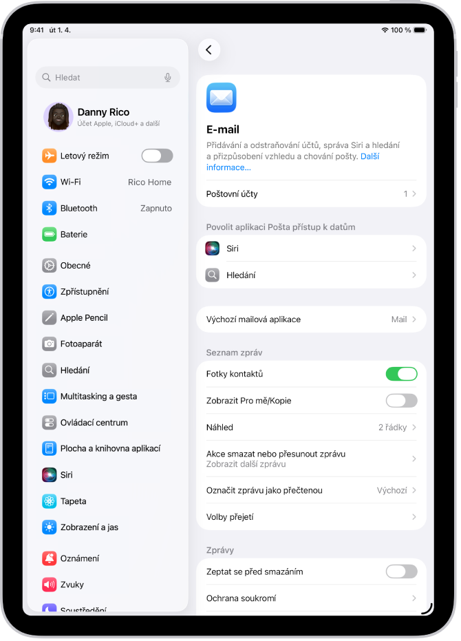 Obrazovka nastavení aplikace Mail