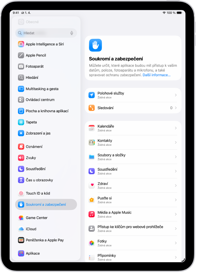 Obrazovka Soukromí a zabezpečení s nastavením polohových služeb a sledování a s nastavením, které aplikace mohou přistupovat k vašim datům.