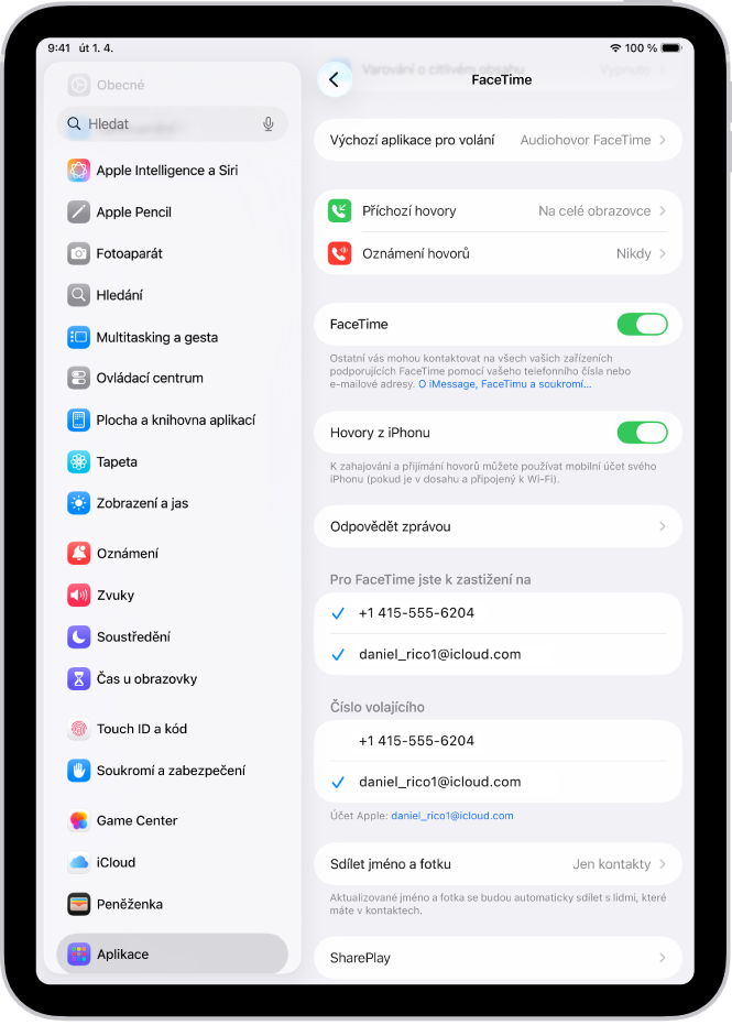 Obrazovka nastavení FaceTimu s volbou Výchozí aplikace pro volání, ovládacím prvkem pro zapínání a vypínání FaceTimu a účtem Apple používaným pro FaceTime