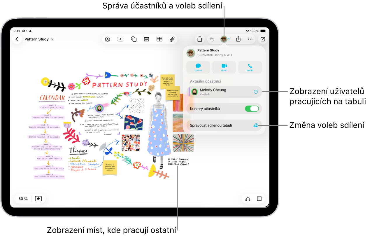 Sdílená tabule aplikace Freeform na iPadu s otevřenou nabídkou pro spolupráci a s barevnými značkami zaškrtnutí, které na tabuli označují pozice jiných účastníků
